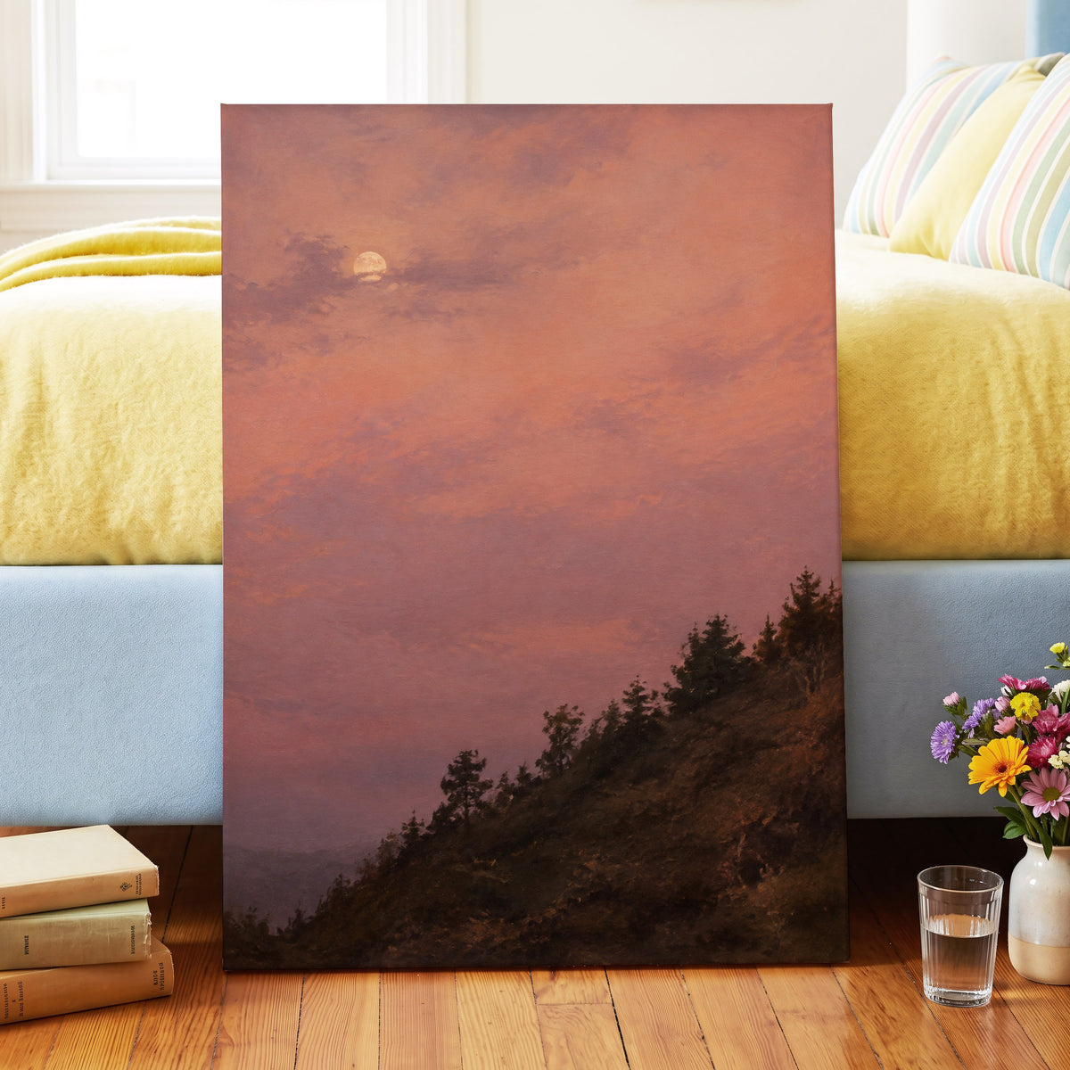 Moonrise in Rose, pink, purple, orange nature wall art displayed in a styled interior, gallery view 3