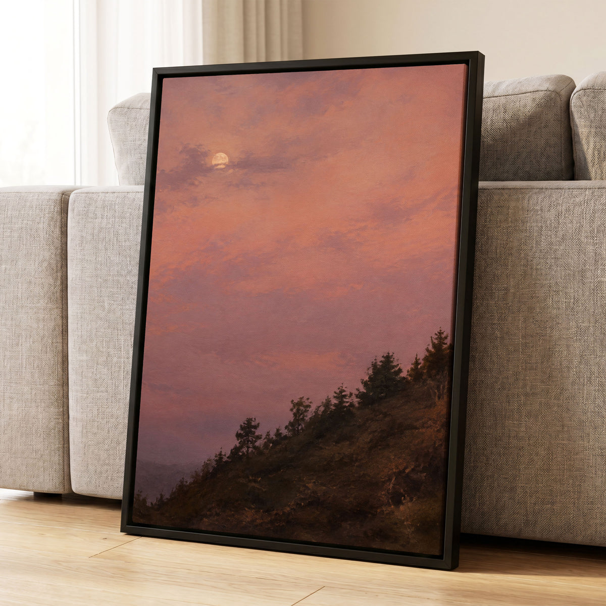 Moonrise in Rose, pink, purple, orange nature wall art displayed in a styled interior, gallery view 4