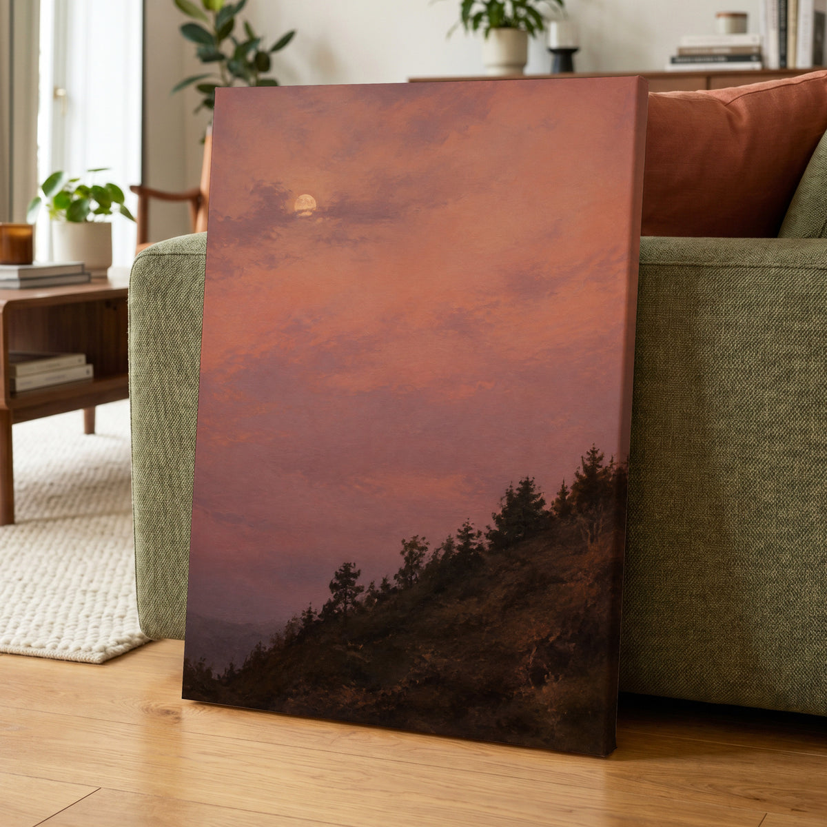 Moonrise in Rose, pink, purple, orange nature wall art displayed in a styled interior, gallery view 7