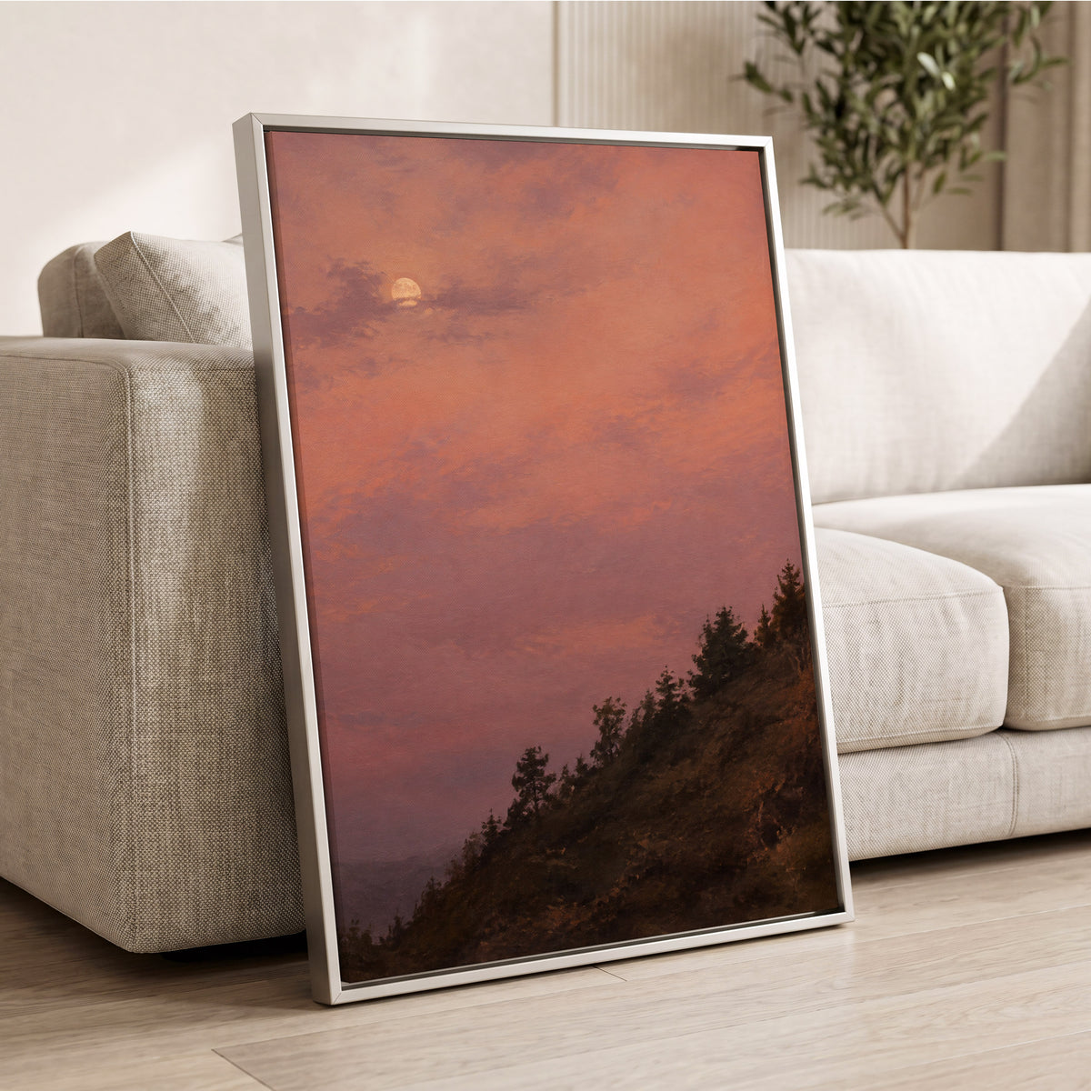 Moonrise in Rose, pink, purple, orange nature wall art displayed in a styled interior, gallery view 8