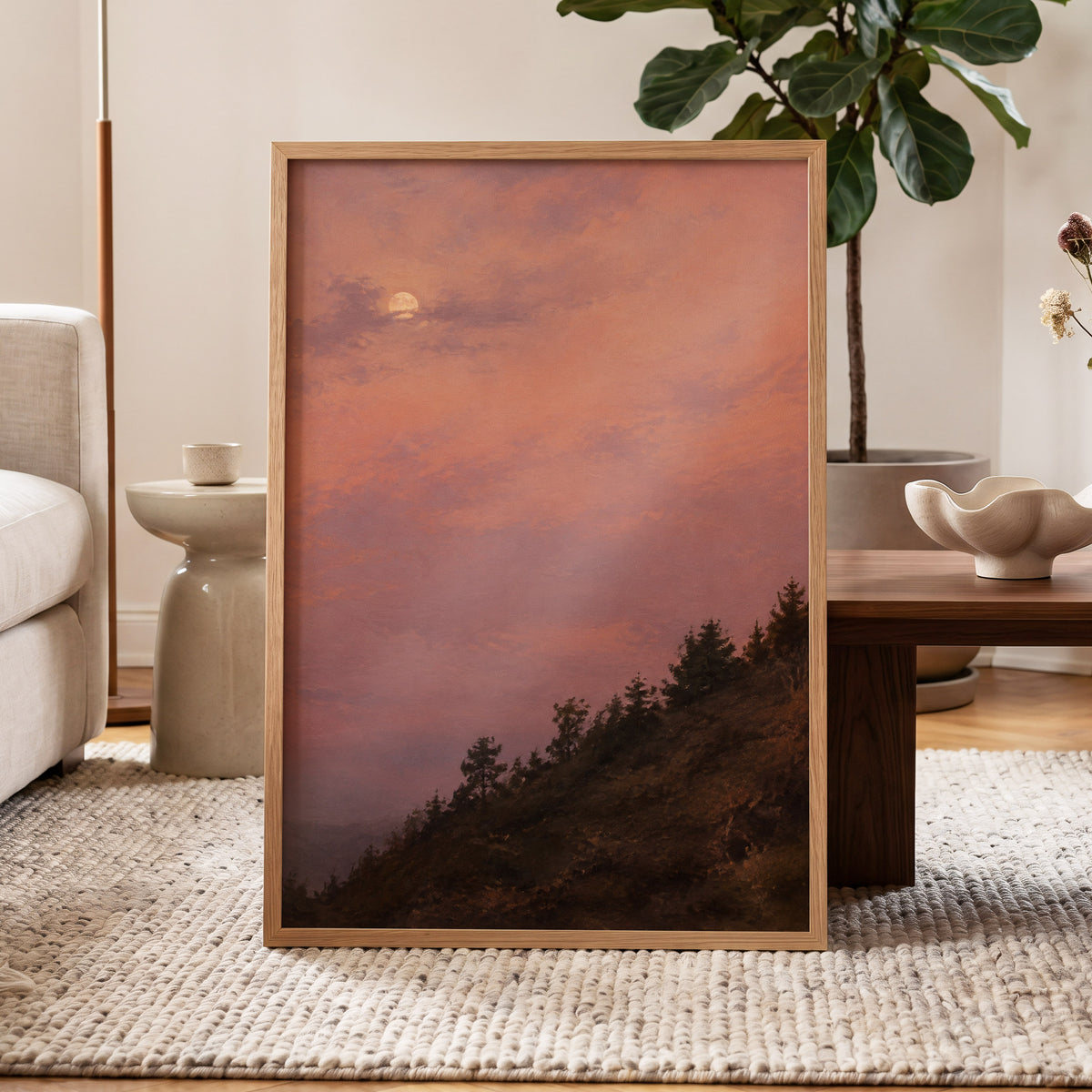 Moonrise in Rose, pink, purple, orange nature wall art displayed in a styled interior, gallery view 9