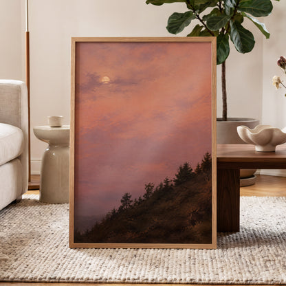 Moonrise in Rose, pink, purple, orange nature wall art displayed in a styled interior, gallery view 9