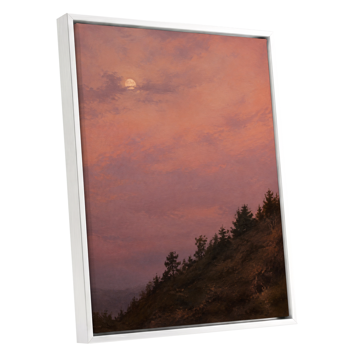 Moonrise in Rose, pink, purple, orange nature wall art shown as a white framed canvas wall art
