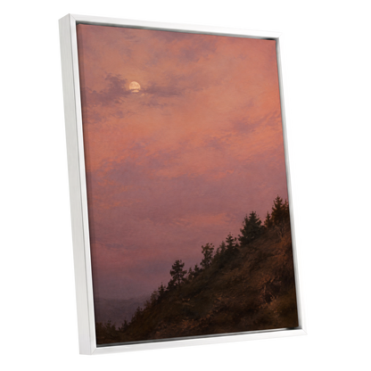 Moonrise in Rose, pink, purple, orange nature wall art shown as a white framed canvas wall art