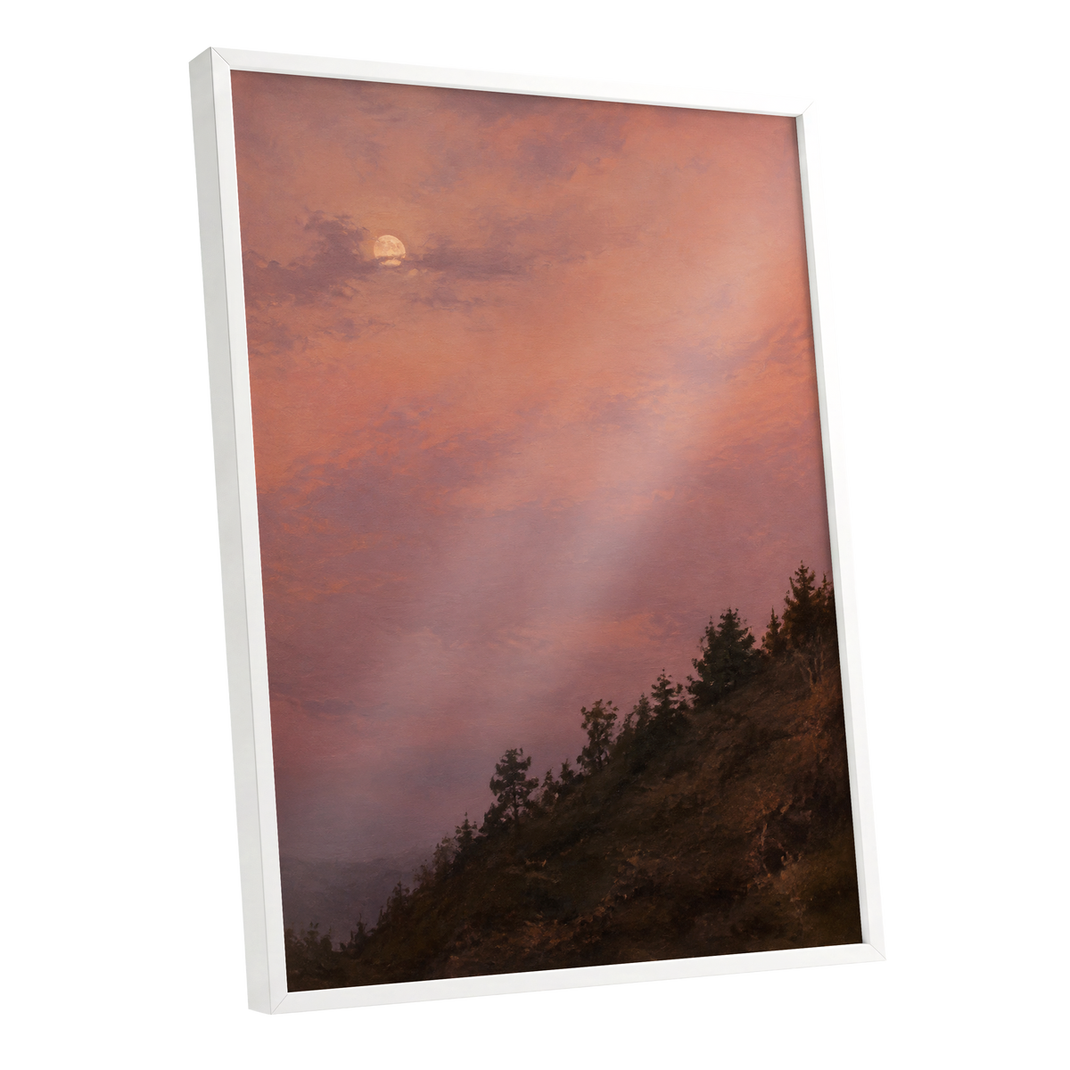 Moonrise in Rose, pink, purple, orange nature wall art shown as a white framed poster wall art print