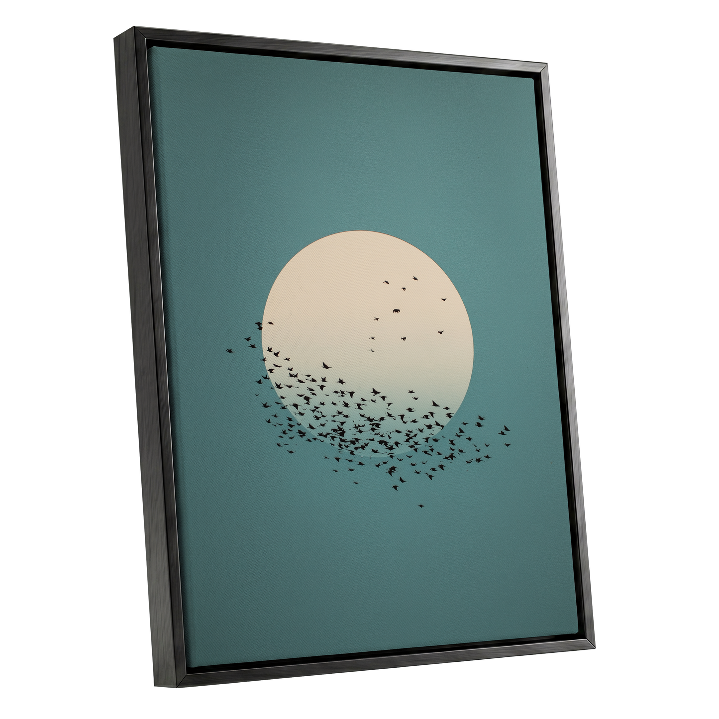 Moonward Murmuration, black, green, blue nature wall art shown as a black framed canvas wall art