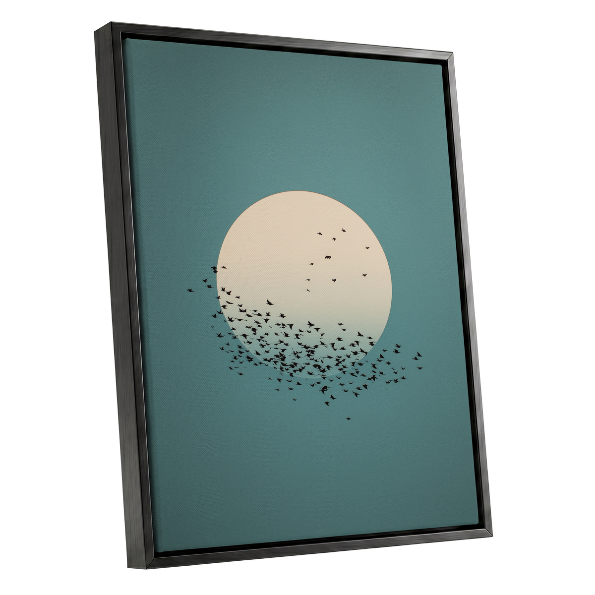 Moonward Murmuration, black, green, blue nature wall art shown as a black framed canvas wall art