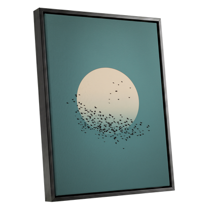 Moonward Murmuration, black, green, blue nature wall art shown as a black framed canvas wall art