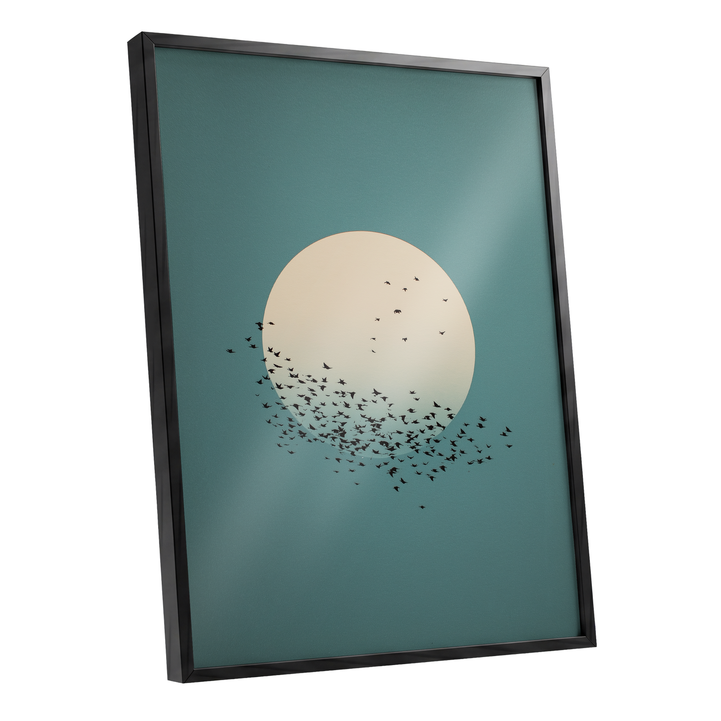 Moonward Murmuration, black, green, blue nature wall art shown as a black framed poster wall art print