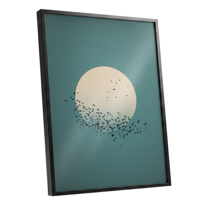 Moonward Murmuration, black, green, blue nature wall art shown as a black framed poster wall art print