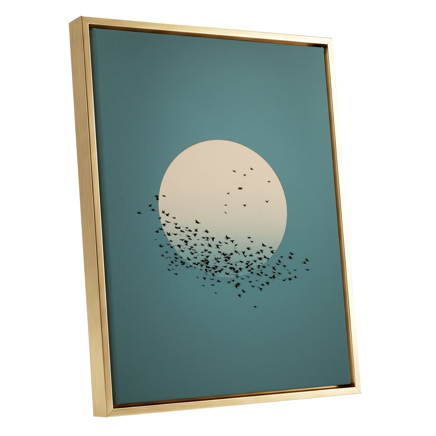 Moonward Murmuration, black, green, blue nature wall art shown as a gold framed canvas wall art
