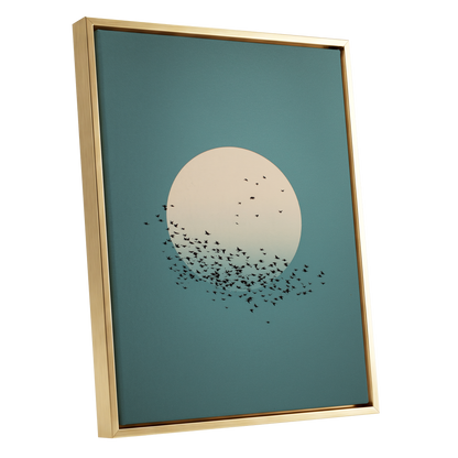 Moonward Murmuration, black, green, blue nature wall art shown as a gold framed canvas wall art
