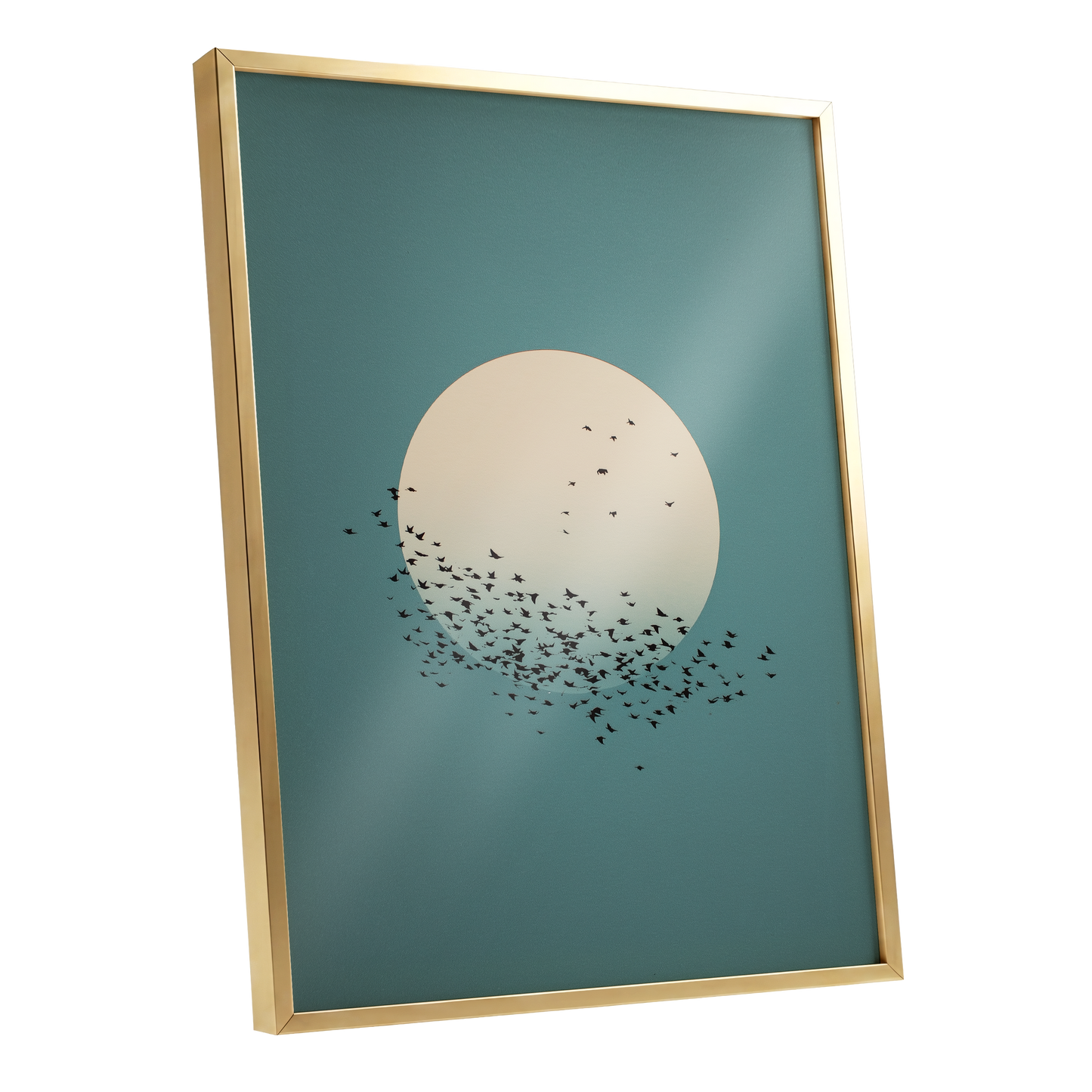 Moonward Murmuration, black, green, blue nature wall art shown as a gold framed poster wall art print