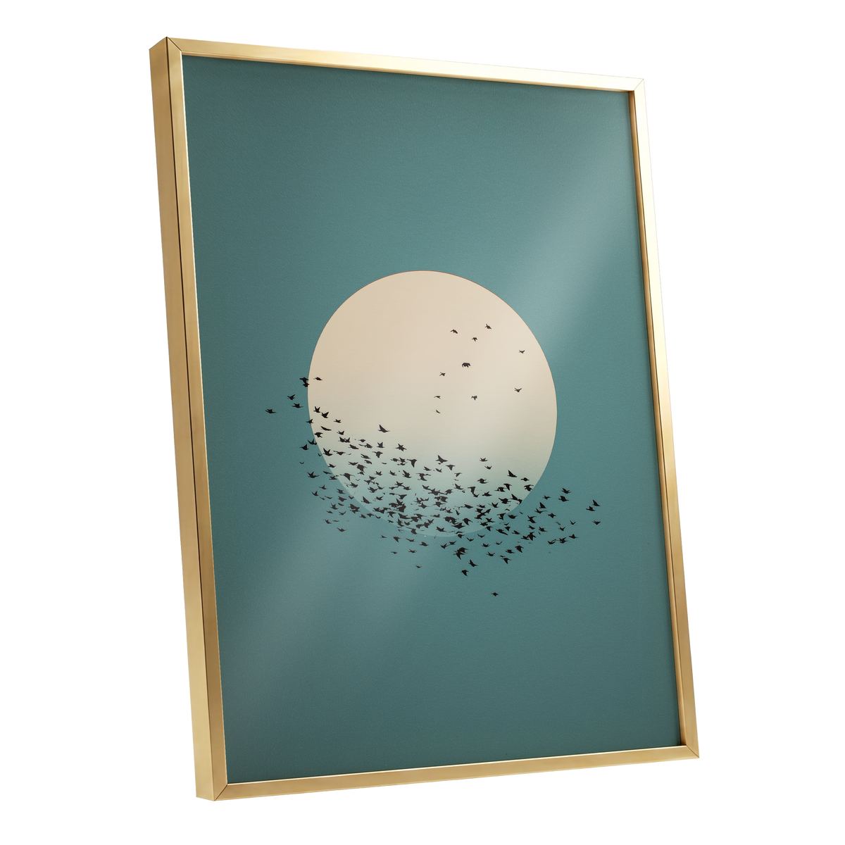 Moonward Murmuration, black, green, blue nature wall art shown as a gold framed poster wall art print