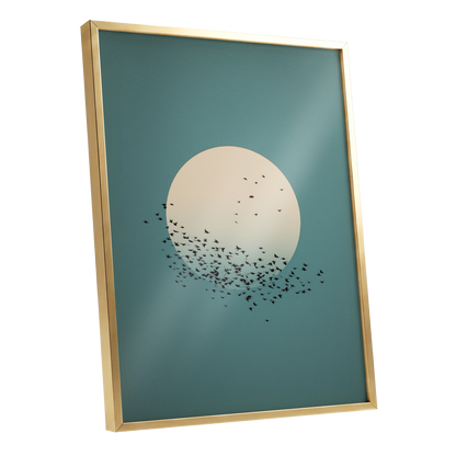 Moonward Murmuration, black, green, blue nature wall art shown as a gold framed poster wall art print