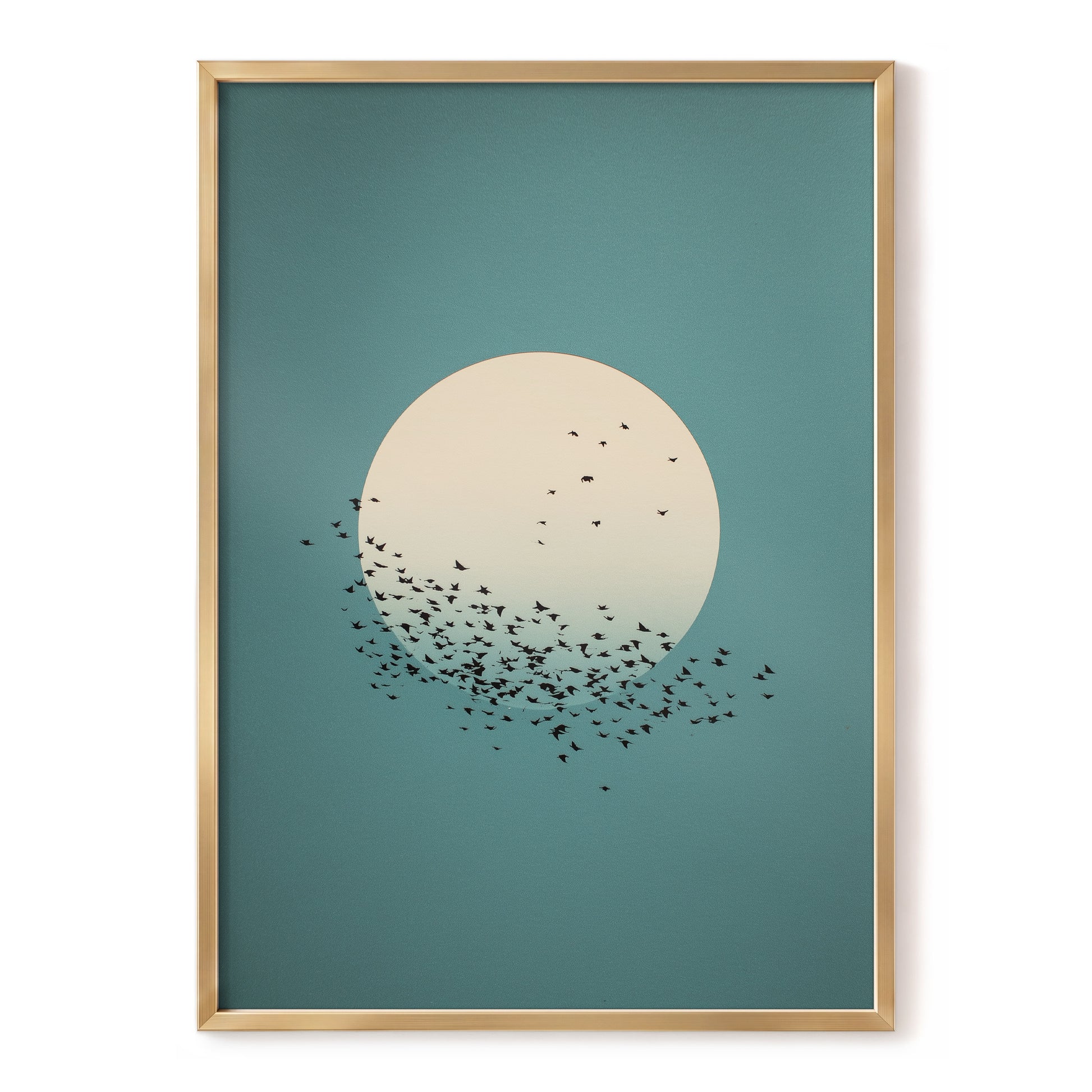 Moonward Murmuration, black, green, blue nature wall art, front artwork view