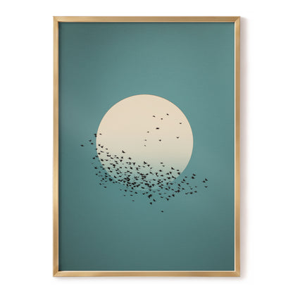 Moonward Murmuration, black, green, blue nature wall art, front artwork view
