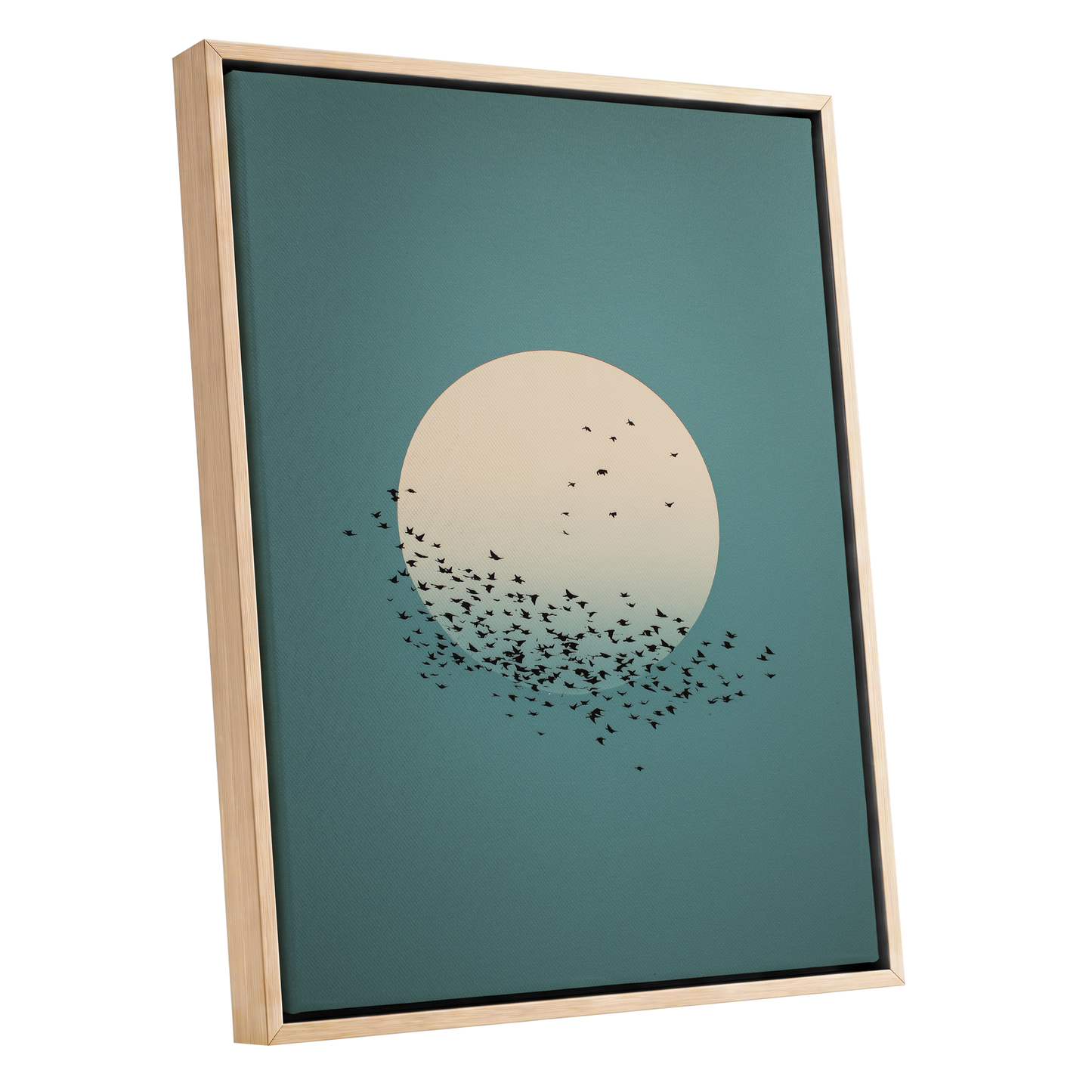 Moonward Murmuration, black, green, blue nature wall art shown as a oak framed canvas wall art