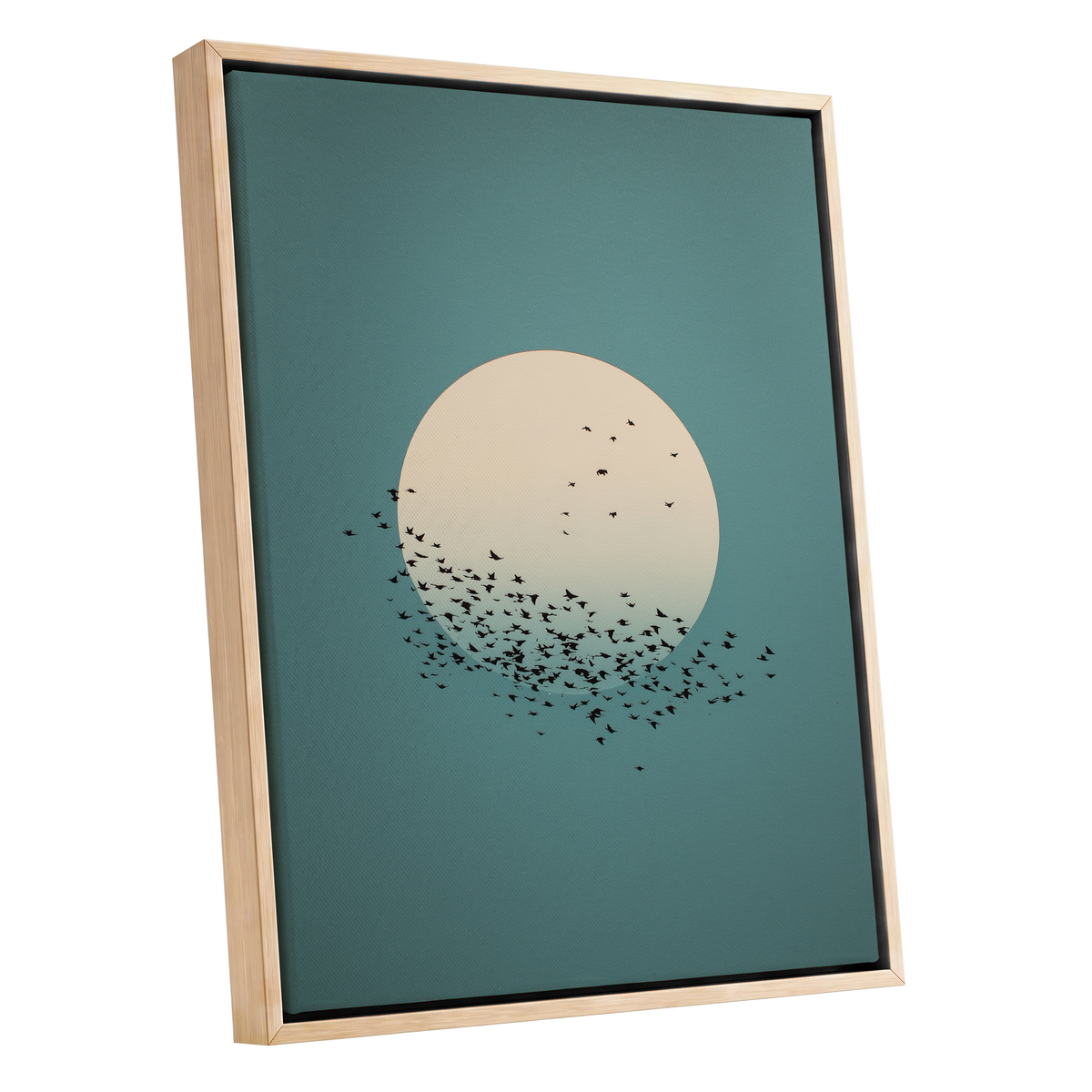 Moonward Murmuration, black, green, blue nature wall art shown as a oak framed canvas wall art