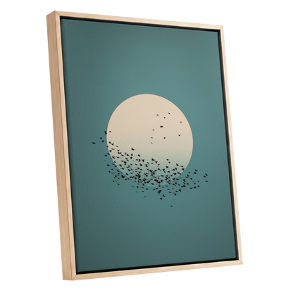 Moonward Murmuration, black, green, blue nature wall art shown as a oak framed canvas wall art