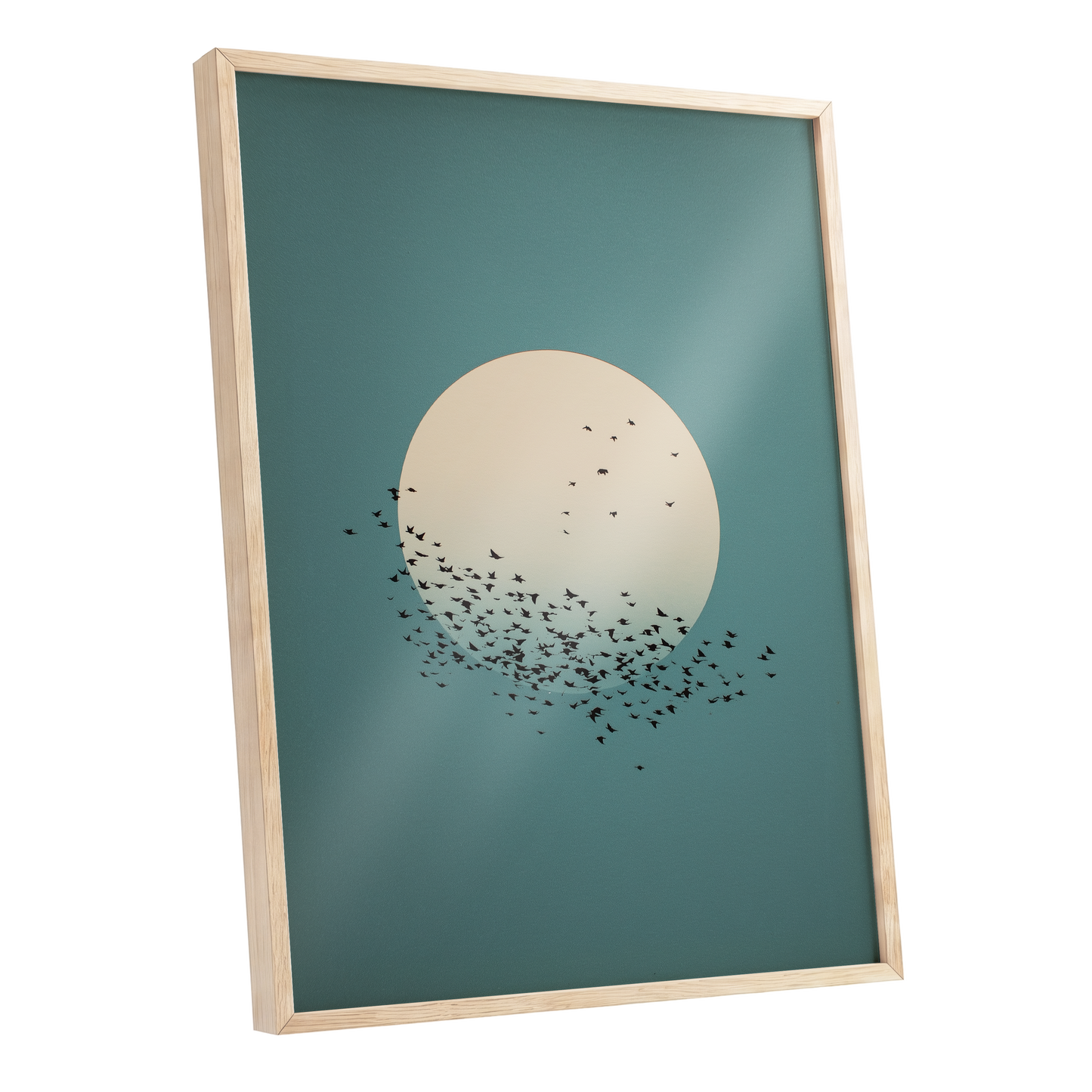 Moonward Murmuration, black, green, blue nature wall art shown as a oak framed poster wall art print
