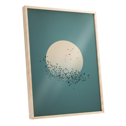 Moonward Murmuration, black, green, blue nature wall art shown as a oak framed poster wall art print