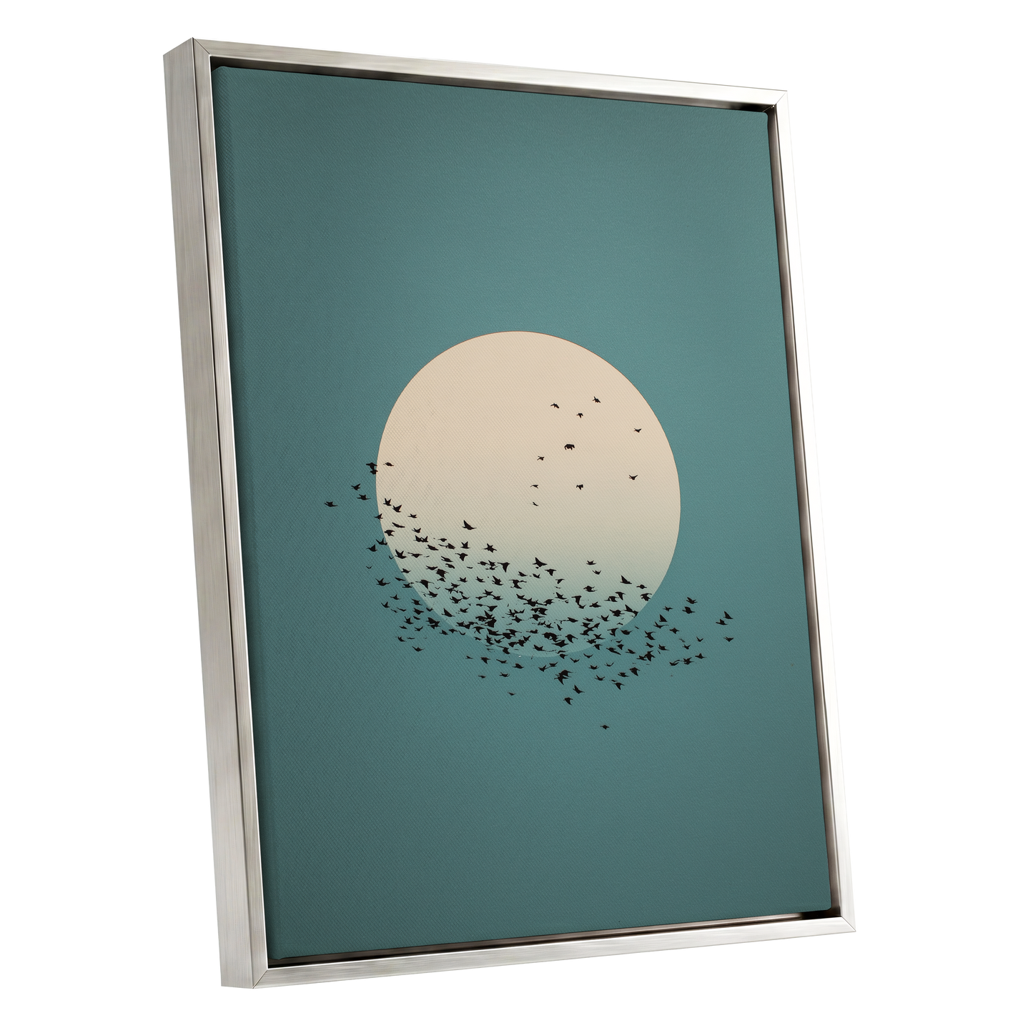 Moonward Murmuration, black, green, blue nature wall art shown as a silver framed canvas wall art