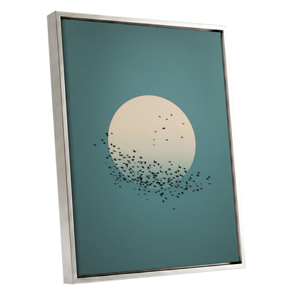 Moonward Murmuration, black, green, blue nature wall art shown as a silver framed canvas wall art