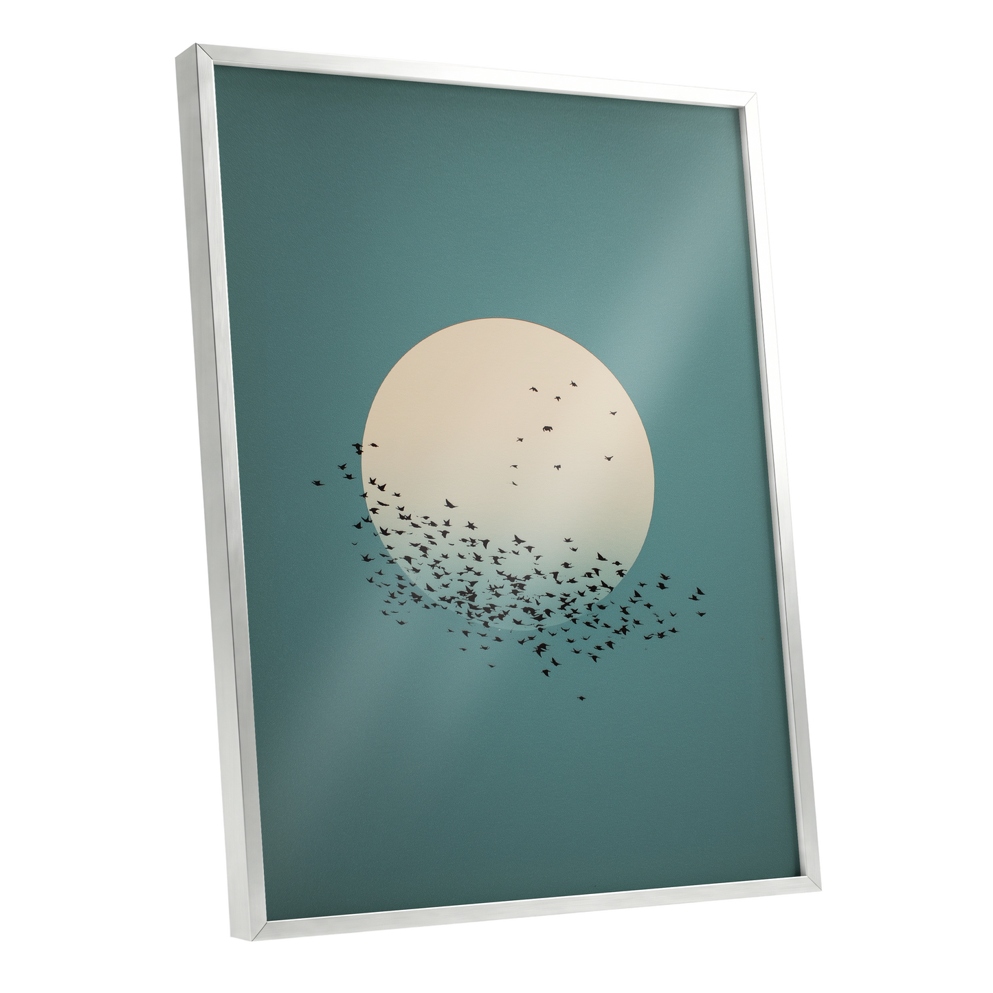 Moonward Murmuration, black, green, blue nature wall art shown as a silver framed poster wall art print