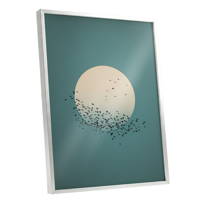 Moonward Murmuration, black, green, blue nature wall art shown as a silver framed poster wall art print