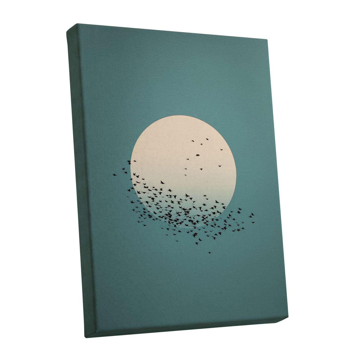 Moonward Murmuration, black, green, blue nature wall art shown as a stretched canvas wall art