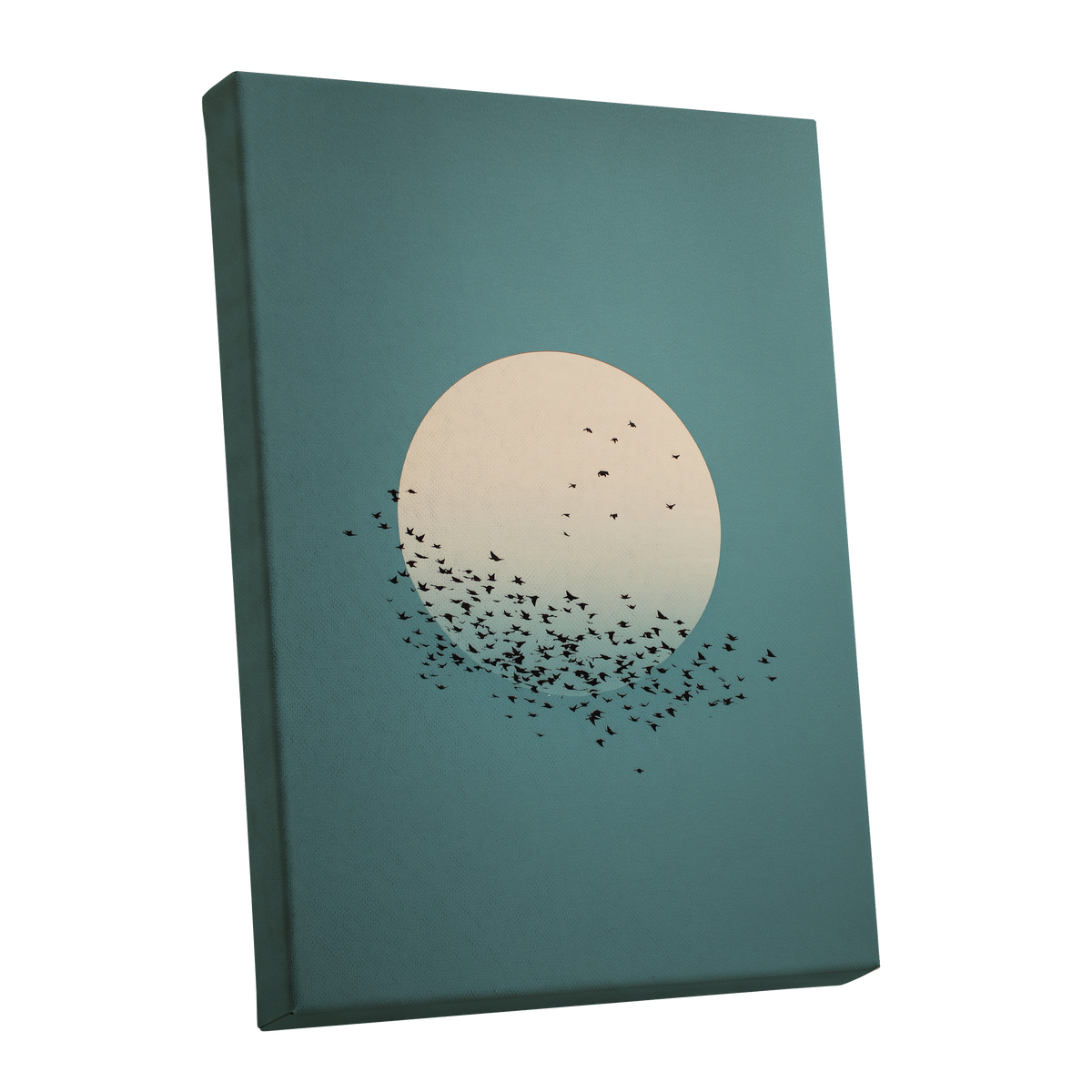 Moonward Murmuration, black, green, blue nature wall art shown as a stretched canvas wall art