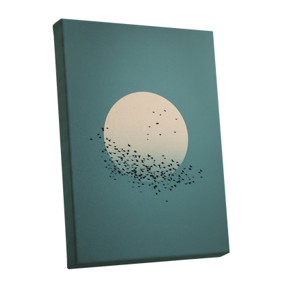 Moonward Murmuration, black, green, blue nature wall art shown as a stretched canvas wall art