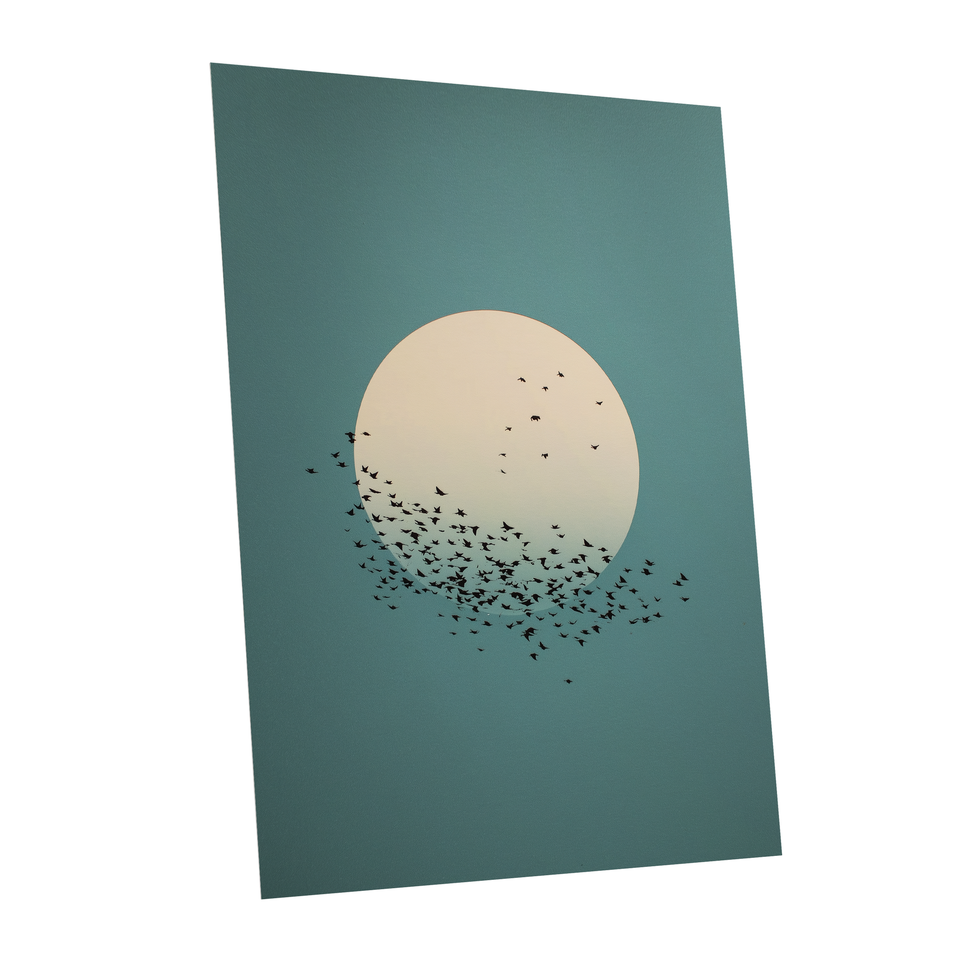 Moonward Murmuration, black, green, blue nature wall art shown as a unframed poster wall art print