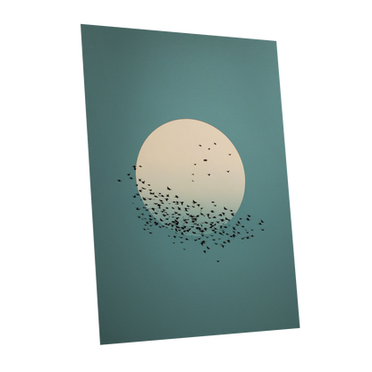 Moonward Murmuration, black, green, blue nature wall art shown as a unframed poster wall art print