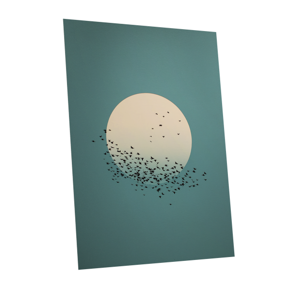 Moonward Murmuration, black, green, blue nature wall art shown as a unframed poster wall art print