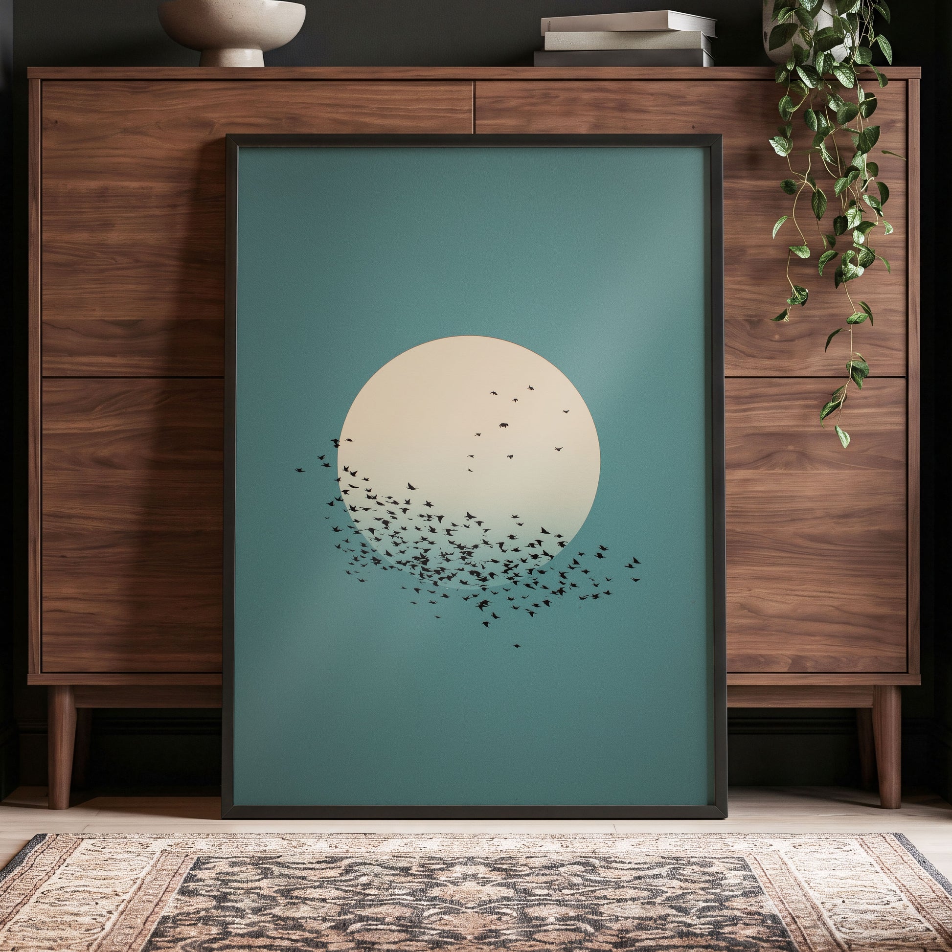 Moonward Murmuration, black, green, blue nature wall art displayed in a styled interior, gallery view 2
