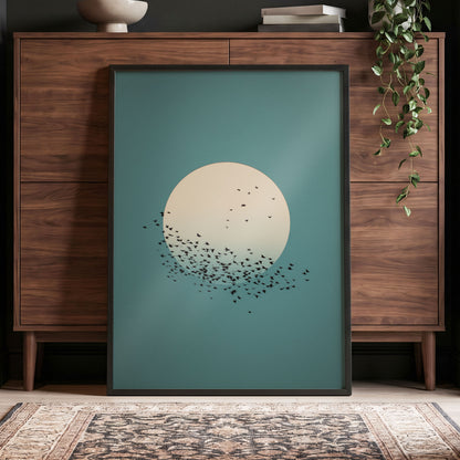 Moonward Murmuration, black, green, blue nature wall art displayed in a styled interior, gallery view 2