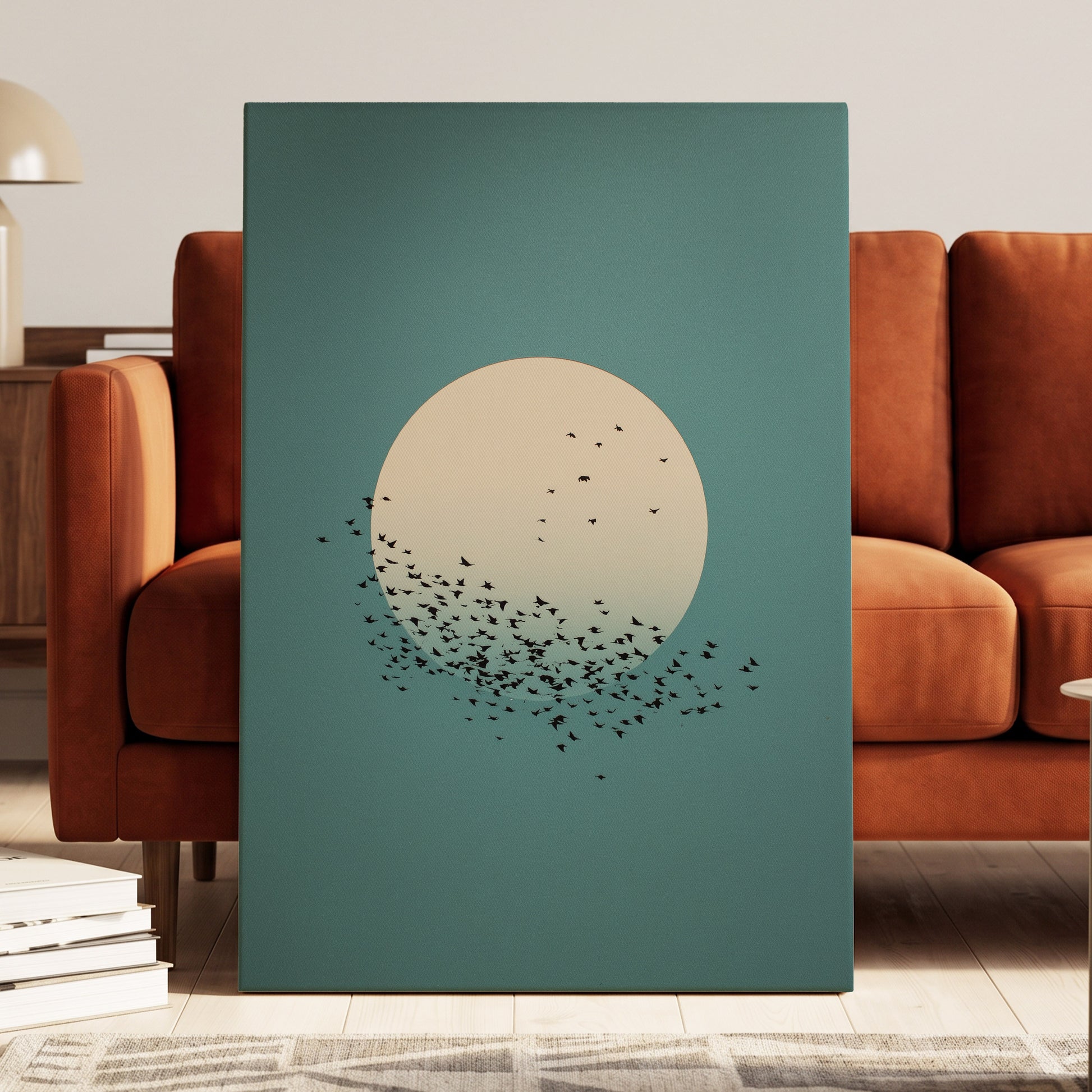 Moonward Murmuration, black, green, blue nature wall art displayed in a styled interior, gallery view 3