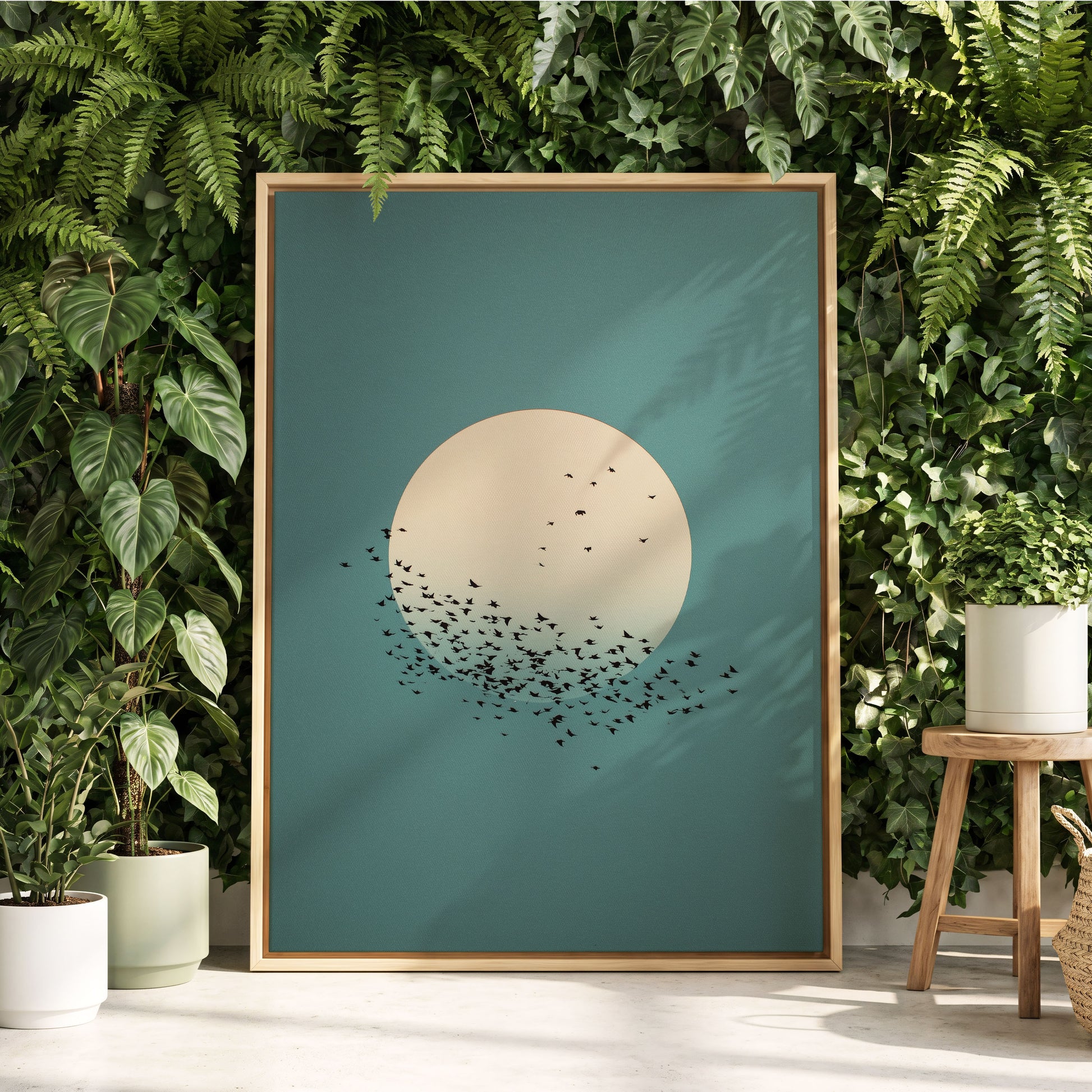 Moonward Murmuration, black, green, blue nature wall art displayed in a styled interior, gallery view 4