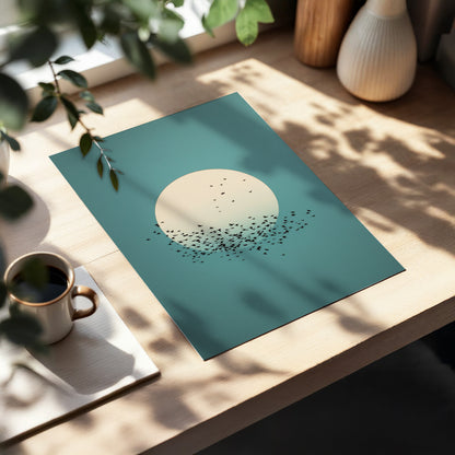 Moonward Murmuration, black, green, blue nature wall art displayed in a styled interior, gallery view 5