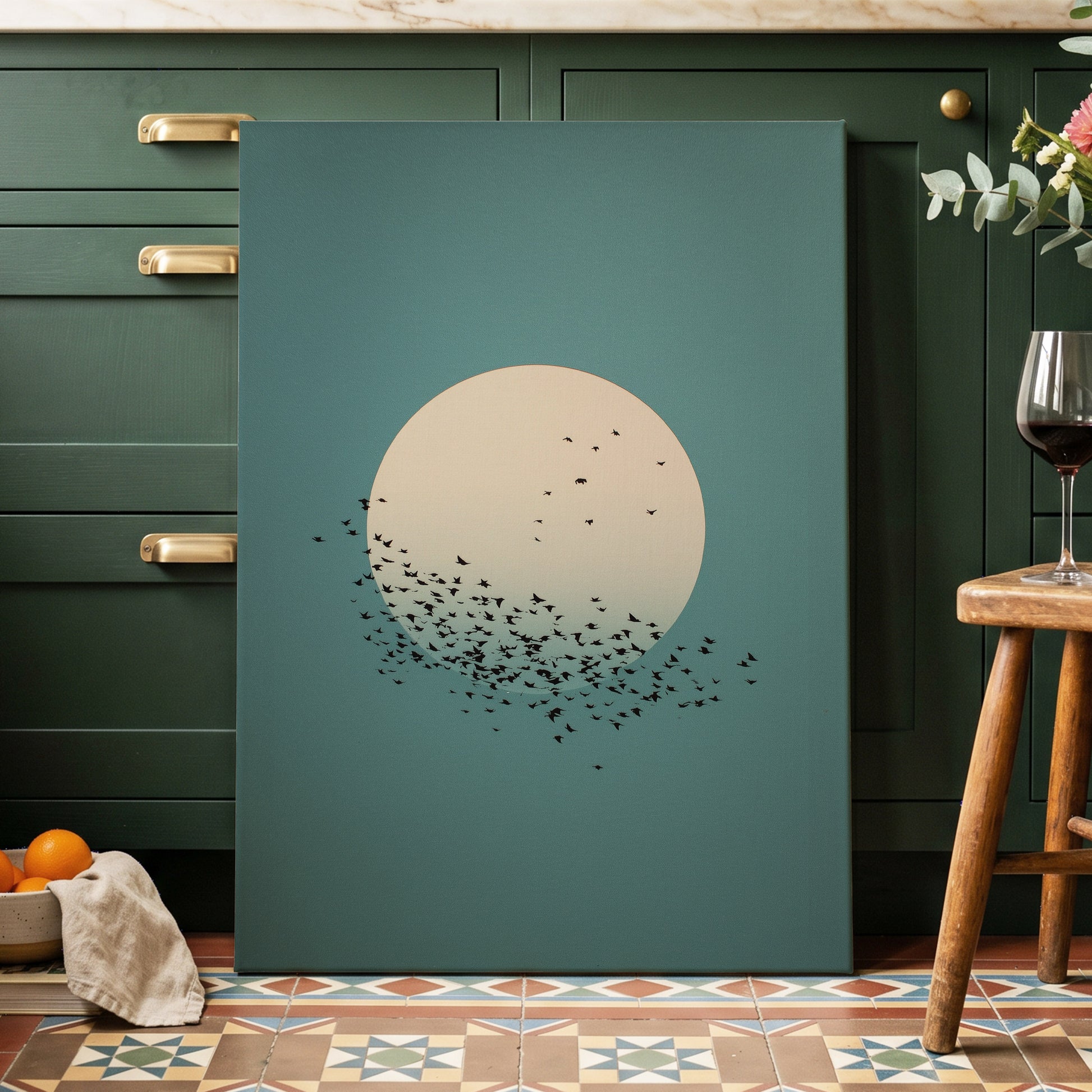Moonward Murmuration, black, green, blue nature wall art displayed in a styled interior, gallery view 7