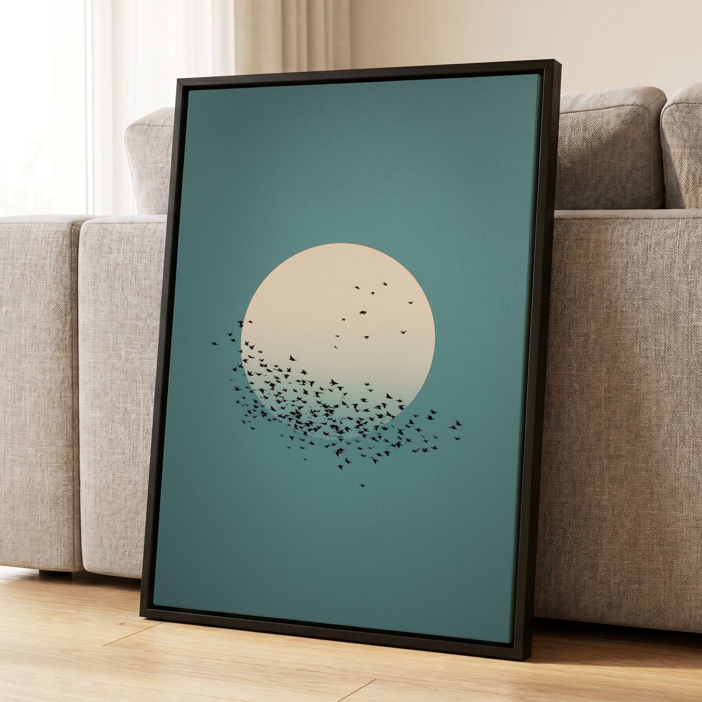Moonward Murmuration, black, green, blue nature wall art displayed in a styled interior, gallery view 8