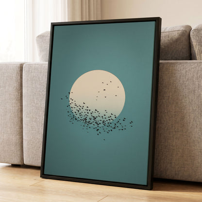 Moonward Murmuration, black, green, blue nature wall art displayed in a styled interior, gallery view 8