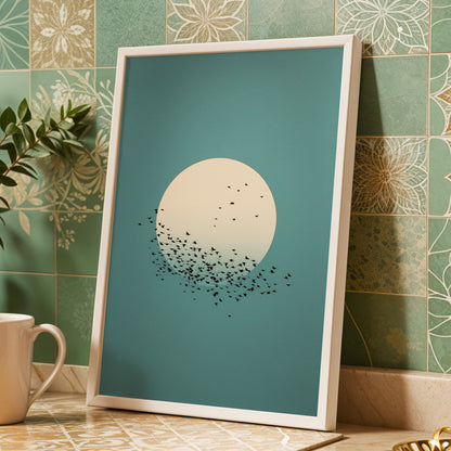 Moonward Murmuration, black, green, blue nature wall art displayed in a styled interior, gallery view 9