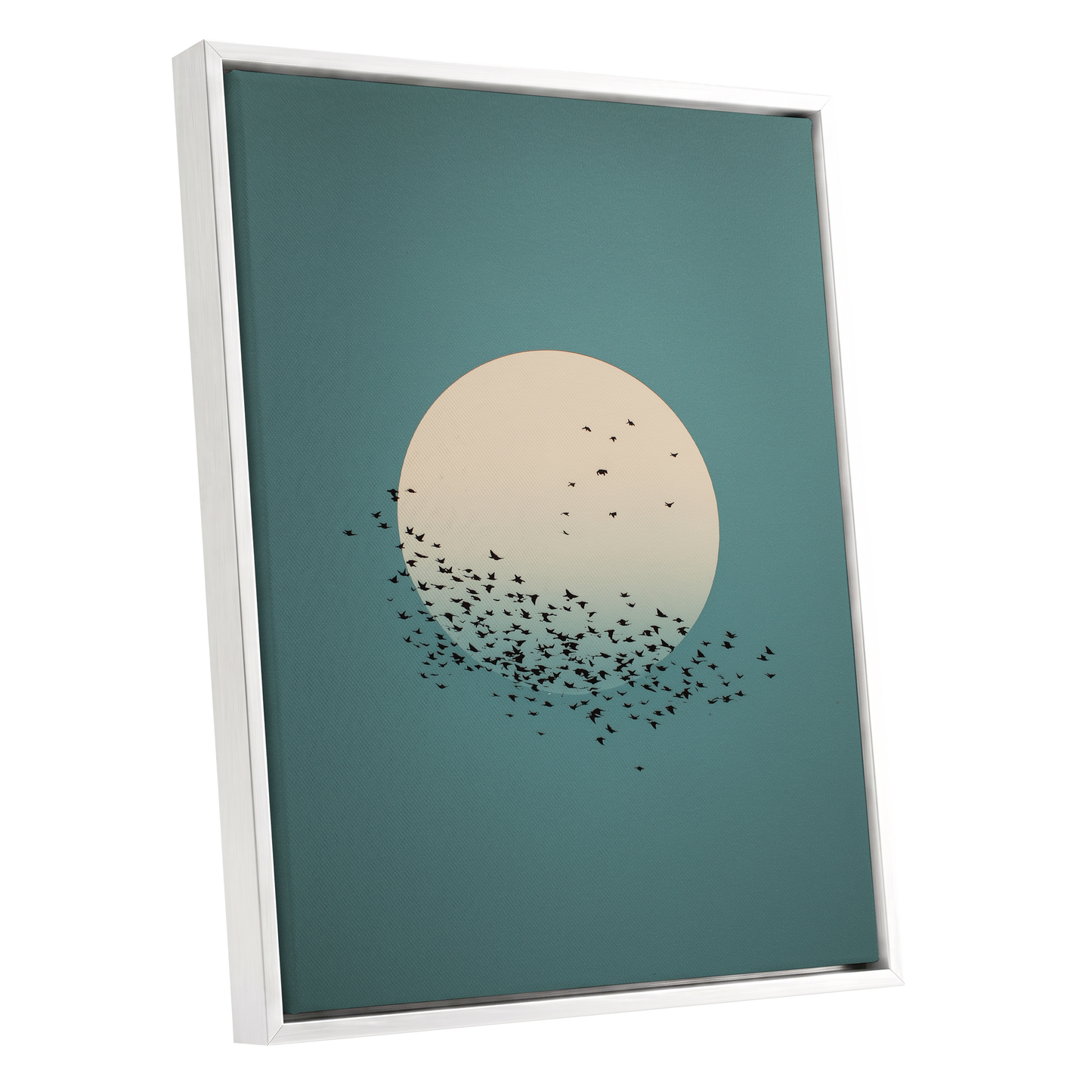 Moonward Murmuration, black, green, blue nature wall art shown as a white framed canvas wall art