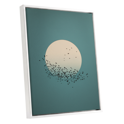 Moonward Murmuration, black, green, blue nature wall art shown as a white framed canvas wall art