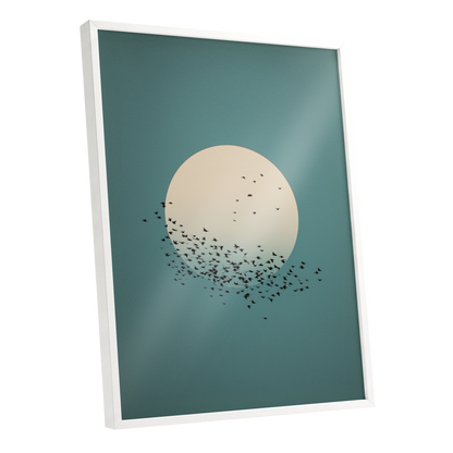 Moonward Murmuration, black, green, blue nature wall art shown as a white framed poster wall art print