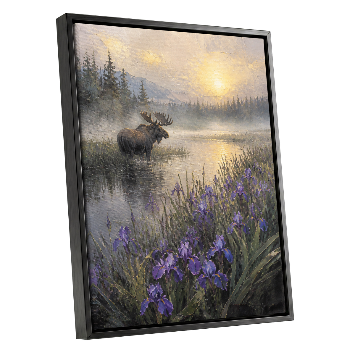 Moose at Golden Dawn, purple, gray, gold nature wall art shown as a black framed canvas wall art