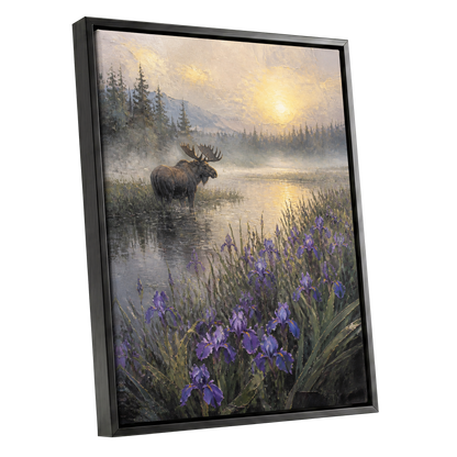 Moose at Golden Dawn, green, gold, purple nature wall art shown as a black framed canvas wall art
